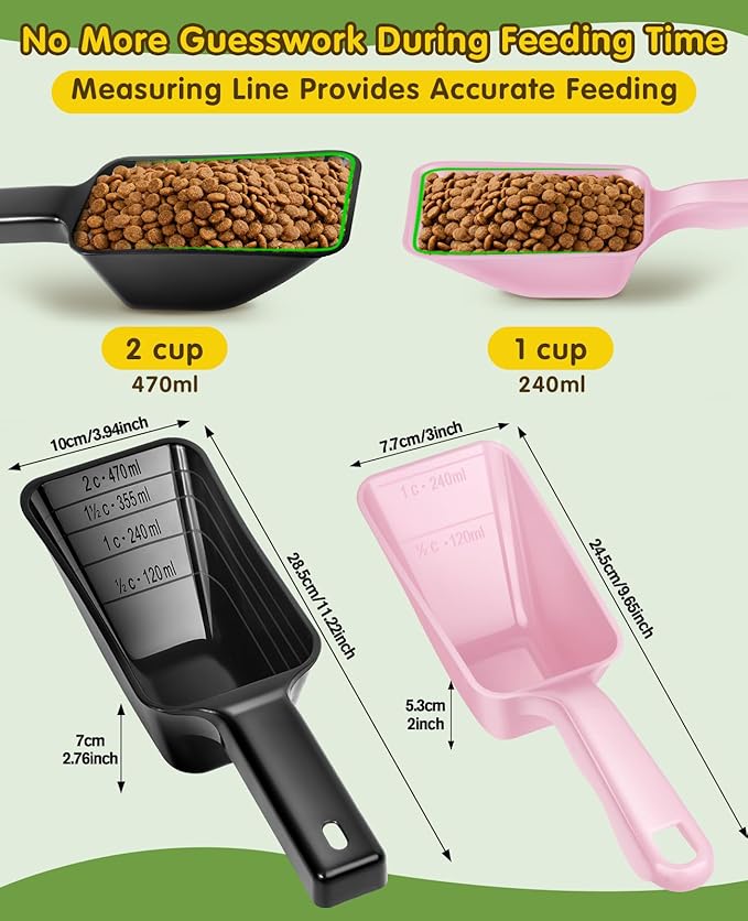 GNEOCO 2 Pack Dog Food Scoop with 1 Cup and 2 Cup Capacity, Plastic Pet Food Measuring Scoops with Clear Measurement Lines for Dogs, Cats & More,Dishwasher safe (Pink and Black)