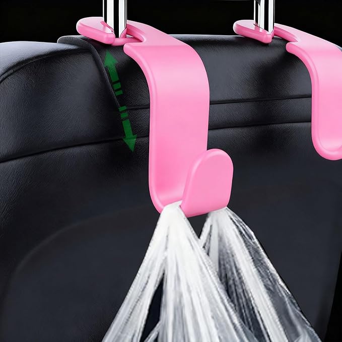 ANULEYO 4 car Hooks for headrests, PE Material seat Back Hooks and Phone Holder, Double Headed Pillow, Wallet Storage, Handbags, Bags (Pink)