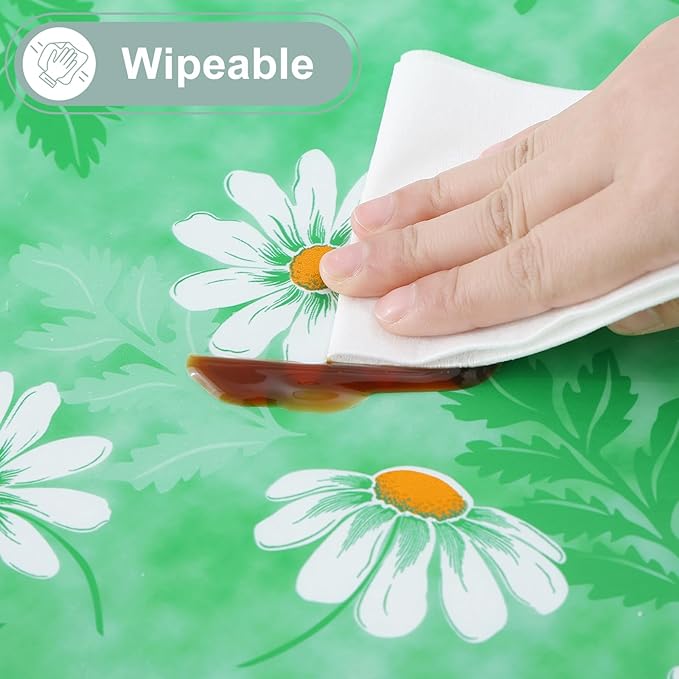 misaya Rectangle Waterproof Vinyl Table Cloth, Wipeable Tablecloth with Flannel Backing, Plastic Table Cover for Dinner, Picnic, Indoor and Outdoor (Green Daisy, 60" x 102")
