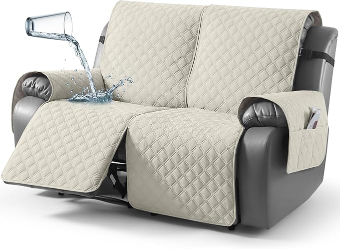 TAOCOCO 100% Waterproof Recliner Couch Covers, Recliner Sofa Covers with Leg Straps, 1-Piece Washable Reclining Sofa Cover with Pocket Couch Protector for Pets Kids(2 Seater, Ivory)