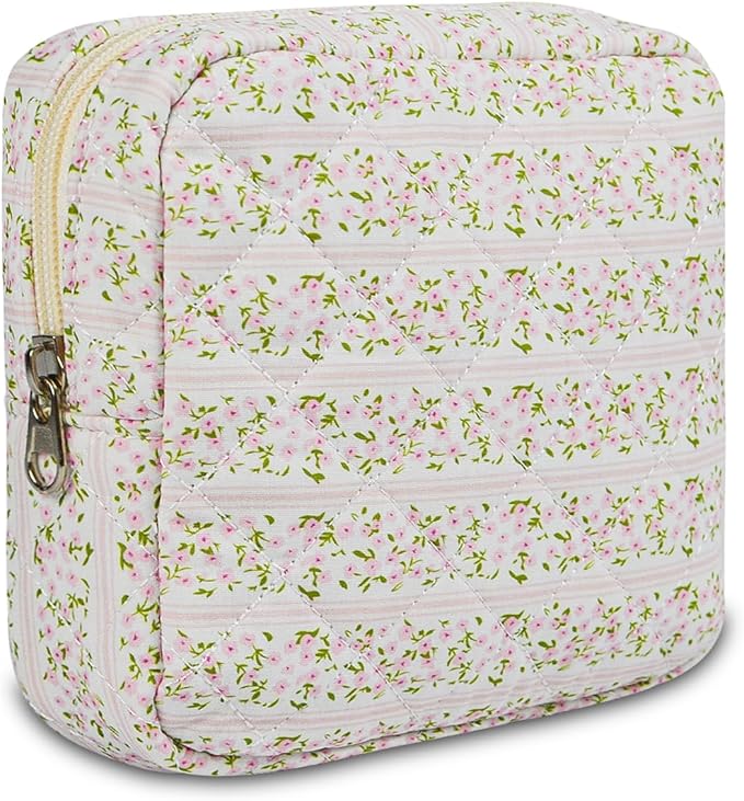 Small Floral Quilted Makeup Bag, Coquette Aesthetic Travel Toiletry Organizer for Women, Lightweight Cotton Cosmetic Pouch