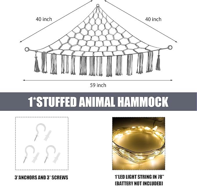 CERETIA Stuffed Animal Hammock with LED Light, Large Stuffed Animals Storage Corner Plushie Net for Kids Room Decor, Grey