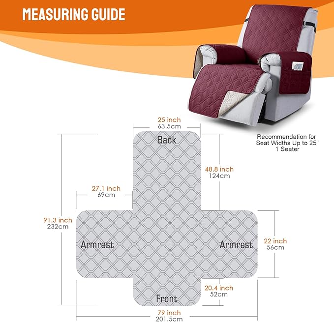 VANSOFY 100% Waterproof Recliner Chair Covers, Recliner Cover Non-Slip Dog Chair Cover Furniture Protector Washable Slipcover with Pocket, Elastic Straps for Pets, Dogs(Burgundy, 25")