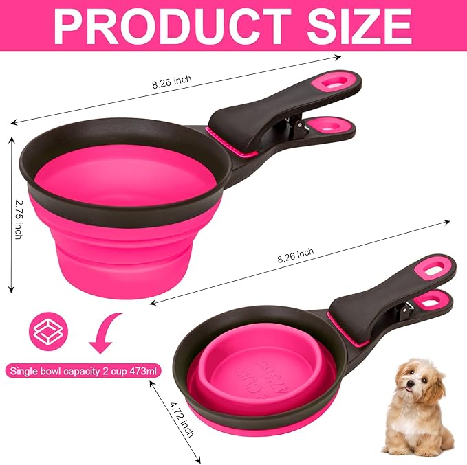 PNEUICALLY Collapsible Silicone Dog Food Scoop Foldable Pet Food Measuring Cup with Bag Clip 3 in 1 Multi-Function Silicone Dog Food Scooper (Rose Red, Medium)