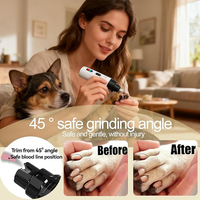 Upgraded Quiet Dog Nail Grinder, Professional 2-Speed Rechargeable Pet Nail Trimmer for Small/Medium/Large Dogs & Cats, Painless Paw Grooming with 2 Replacement Grinding Heads