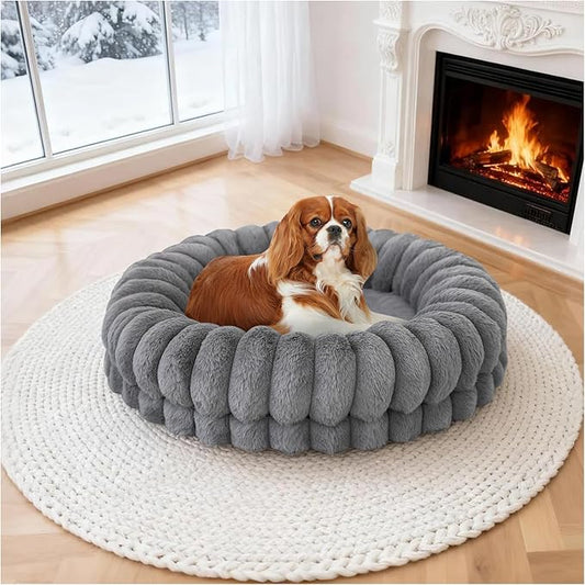 BALANCE Luxury Donut Dog Bed, 23 Inches Round Dog Beds for Small Dogs Washable, Orthopedic Calming Pet Bed for Puppy and Cats with Anti-Slip Bottom, Gray