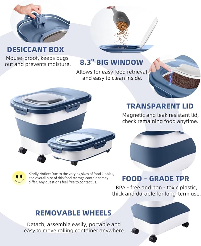 DDMOMMY 20-23 Lbs Dog Food Storage Container - Collapsible Dog Food Container with Wheels Airtight Lids, Scoop and Small Container, Pet Food Storage Dry Food For Dog, Cats and Other Pet (Blue)