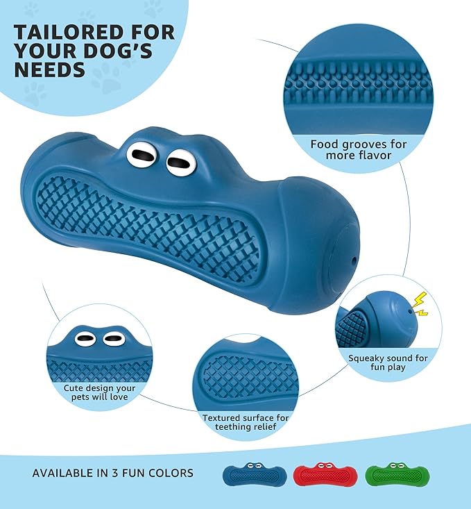IPTPAS Durable Dog Chew Toy for Aggressive Chewers, Tough Natural Rubber Squeaky Dog Toy with Irresistible Beef Flavor, Dental Care, Teeth Cleaning & Boredom Relief for Medium & Large Dogs (Blue)