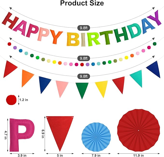 Pre-Strung 3D Felt Happy Birthday Banner, Reusable Rainbow Birthday Party Decorations for Kids Adults, Happy birthday Sign with Felt Ball Garland, Pennant Flag, Hanging Paper Fans
