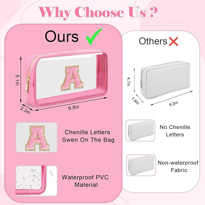 Personalized Initial Letter Clear Makeup Bag,Preppy Small Nylon&PVC Cosmetic Zipper Bag with Chenille Letter,Portable Beach Travel Skincare Toiletry Bag,Trendy Monogram Gift for Teen Girls Women,W