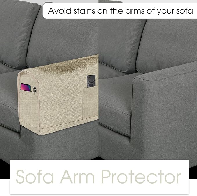 Joywell Armrest Cover Anti-Slip Sofa Arm Protector for Living Room, Armchair Couch Slipcover for Armrest Recliner with 4 Pockets for Tv Remote, Phone, Set of 2 for 6 Inch Width Sofa Armrest, Beige