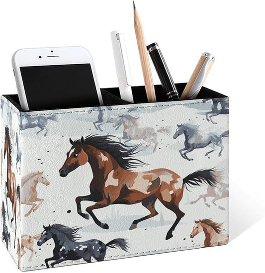Famame Running Brown Horse on Snow Pencil Holder for Desk, Leather Desktop Container Pen Cup Storage Study Table Pen Organizer Makeup Brush Holder for Classroom Office Home