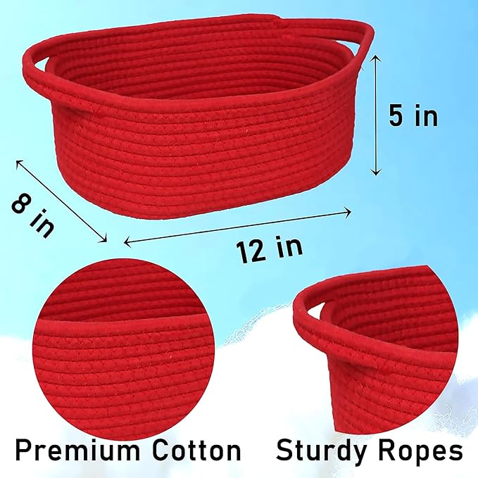 Poschnor Gift Basket with Gift Bags and Ribbons, Small Woven Rope Toy Storage Basket for Baby and Pet, 12"X 8" X 5", Red