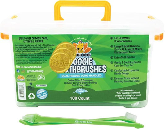 Bodhi Dog Dual-Headed Toothbrush for Dogs & Cats - Soft Bristles for Gentle Pet Dental Care - Puppy & Adult Teeth Cleaning - Easy-to-Use Design for Healthy Gums & Fresh Breath (100 Count)