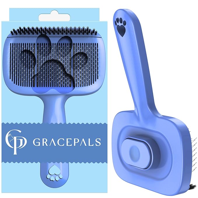 Self Cleaning Dog Brush for Shedding - Bristle Brush and Long/Short Needles Design, Skin Friendly, Slicker Deshedding Dog Brush, Hair Removal for Long & Short Haired Pets (Blue)