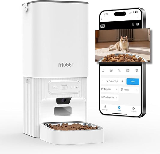 Automatic Cat Feeder, 7L/29 Cups Automatic Dog Feeder, Mubbi Dog Food Dispenser, 1-6 Meals Ideal for Multiple Pets (White, Camera-7L)
