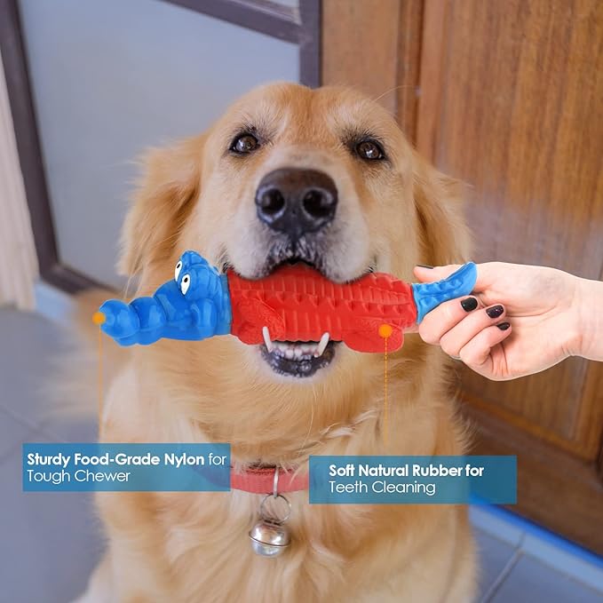 petizer Dog Toys for Aggressive Chewers, Dog Teething Chew Toy, Tough Rubber Nylon Chew Toy,IndestructibleToy for Medium & Large Breeds,Red and Blue Alligator