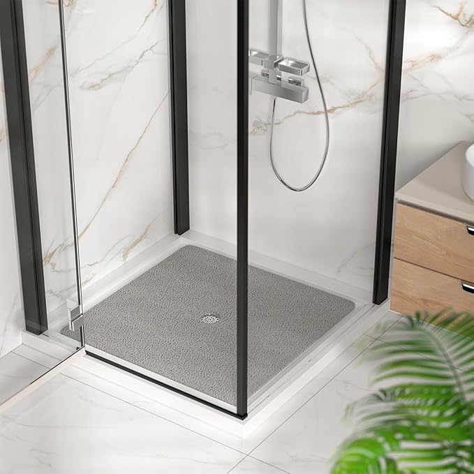 HITSLAM Square Shower Mat, 36 x 36 Inch Non Slip Bath Mat for Tub, Soft PVC Loofah Bathtub Mats with Drain Holes, Quick Drying Bathroom Stall Floor Mat, Bathroom Accessories Without Suction Cup, Grey