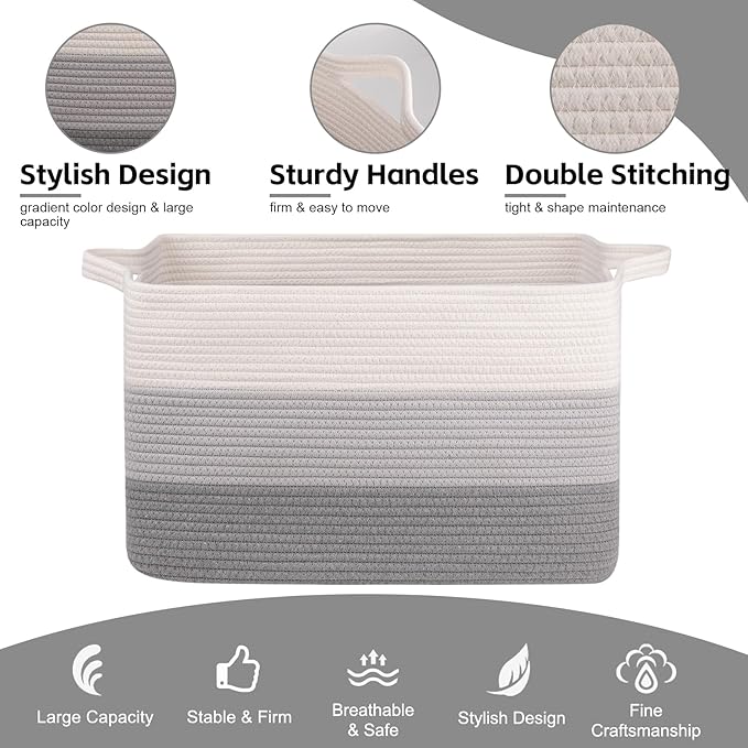 OIAHOMY Large Storage Basket, Cotton Rope Woven Blanket Basket, Toy Bin for Baby Room, Container for Blanket Storage in Living Room, 20''×16''×12'', Gradient Grey