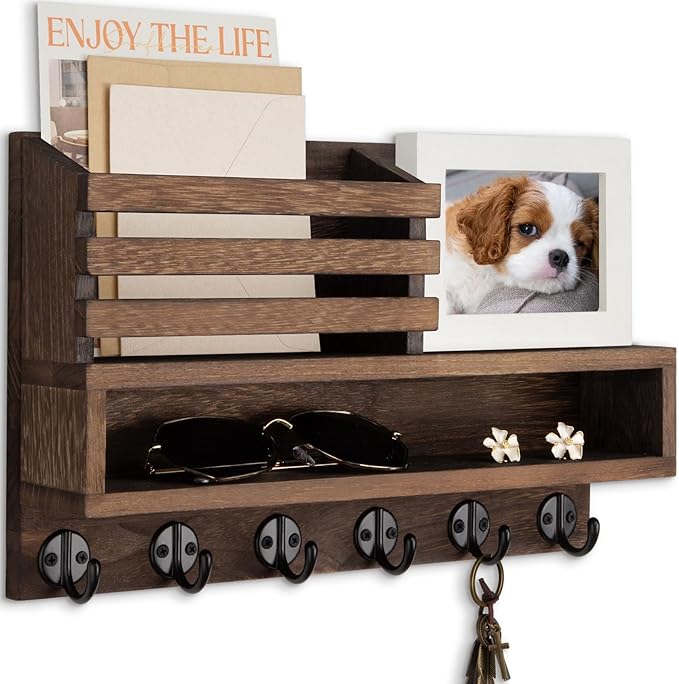 Lucundm Key and Mail Holder Wall Mount, Key Hanger with Long Storage Box and Key Hooks for Coat, Dog Leash, Home Decor Rack, House Accessories, Entry Way Organizer