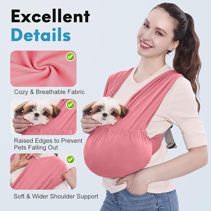 Supet Dog Sling Carrier for Small Pets, Hands Free Cat Sling, Reducing Back Neck Pain Anti-Anxiety Puppy Front, Adjustable Soft Dog Carrying (Pink, Regular 0-9 Lbs)
