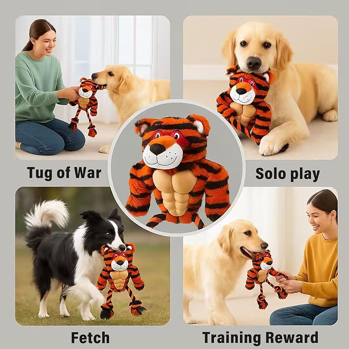 Durable Rope & Plush Dog Toy for Aggressive Chewers – Muscle Tiger Squeaky Tug Toy for Medium & Large Dogs, Interactive Chew & Play