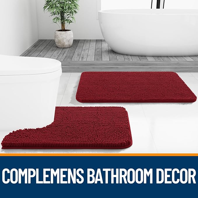 OLANLY Toilet Rugs U-Shaped 24x20, Extra Soft Absorbent Chenille Contour Bathroom Rugs for Toilet, Dry Quickly, Machine Washable, Non-Slip Bath Mat, Red