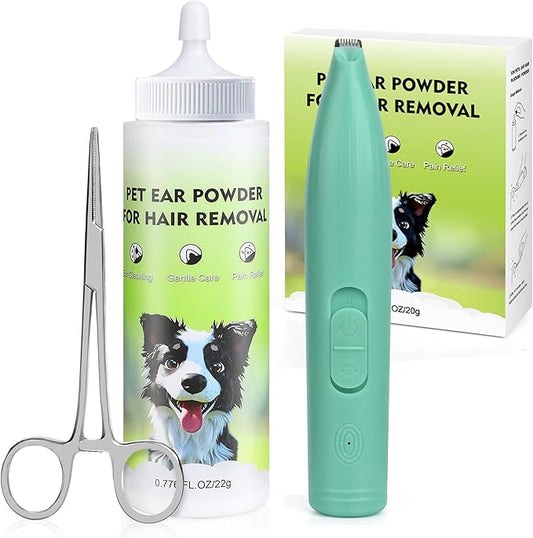 Dog Ear Hair Removal Kit - Dog Ear Powder, Trimmer and Dog Clippers Set for Grooming, Ear Cleaner for Itching, Dog Ear Infection Treatment, Removing Earwax and Odour