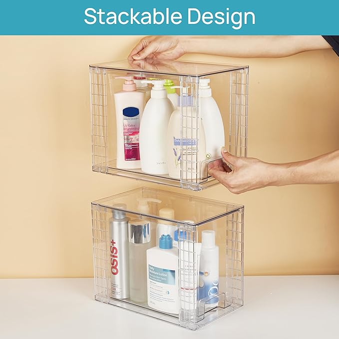 Vtopmart 2 Pack Clear Stackable Storage Drawers,9.7" High Plastic Organizers Bins for Skincare, Bathroom Supplies,Ideal for Cabinet,Undersink,Vanity,Kitchen,Pantry Organization