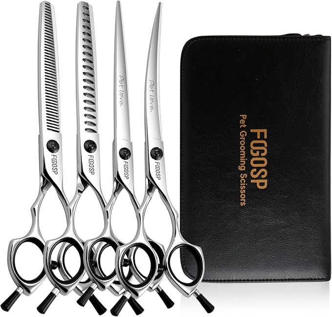 Dog Grooming Scissors Kit 7 in Professional Curved Thinning Straight Chunkers Shears for Grooming Dogs Cat Pet at Home Japanese 440C Stainless Steel(7.0'',Kit)