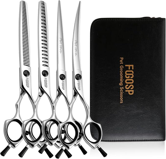 Dog Grooming Scissors Kit 7 in Professional Curved Thinning Straight Chunkers Shears for Grooming Dogs Cat Pet at Home Japanese 440C Stainless Steel(7.0'',Kit)