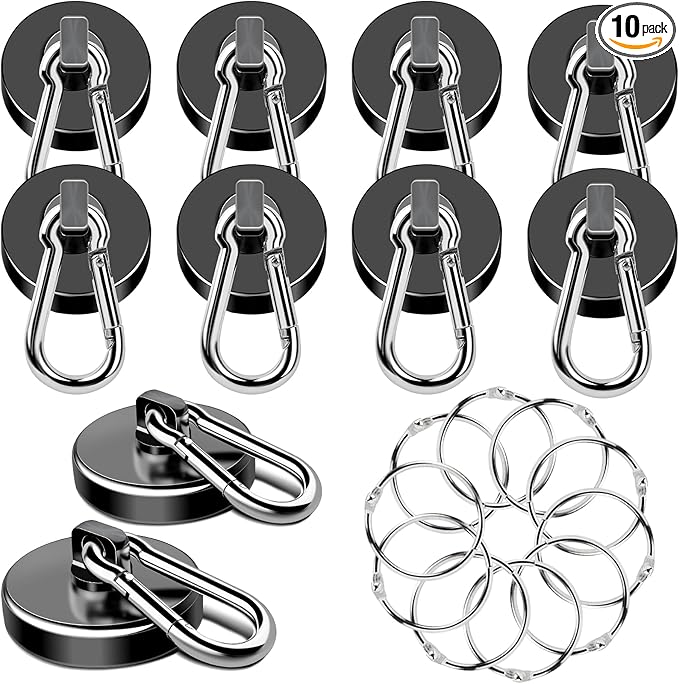 MIKEDE Magnetic Hooks Heavy Duty, 110LBS+ Strong Neodymium Magnets with Swivel Carabiner Hook, Black Magnetic Hangers Magnet Hooks for Locker, Home, Cruise Cabin, Office - 10 Pack