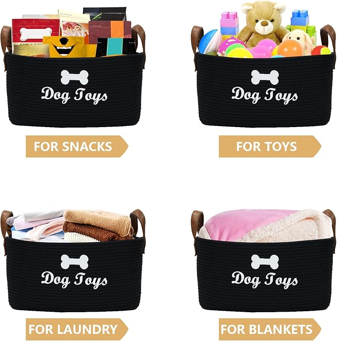 Large Cotton Rope Dog Toy Basket Storage,16.5"x10.6"x 7.5" Dog Toy bin,Puppy toy basket,-Perfect for organizing pet toys,blankets,leashes,pee- mats and diapers-Black