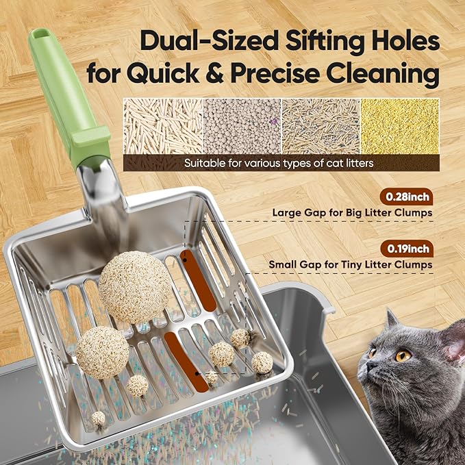 KooMooM Metal Cat Litter Scoop, Large Cat Scooper with Deep Shovel & Dual Sifting Holes for Fast & Precise Sifting, Space Aluminum Kitty Litter Scooper with Long Handle & Easy-to-Hang Hook - Mint