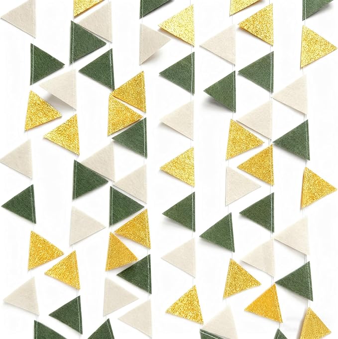 Sage Green Gold Party Decorations Oilve Green Beige Gold Glitter Felt Triangle Mini Banner Bunting Pennant Flag for Baby Shower Birthday Wedding Jungle Woodland Safari Party Nursery Classroom Decor