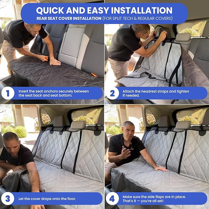 4Knines Back Seat Pet Cover for Dogs w/o Hammock – 54" Wide, Waterproof Car Seat Cover, Non-Slip, Heavy-Duty – Fits Cars, SUVs, Small Trucks – 2 Seat Belt & Latch Access – Back Seat Protector (Grey)