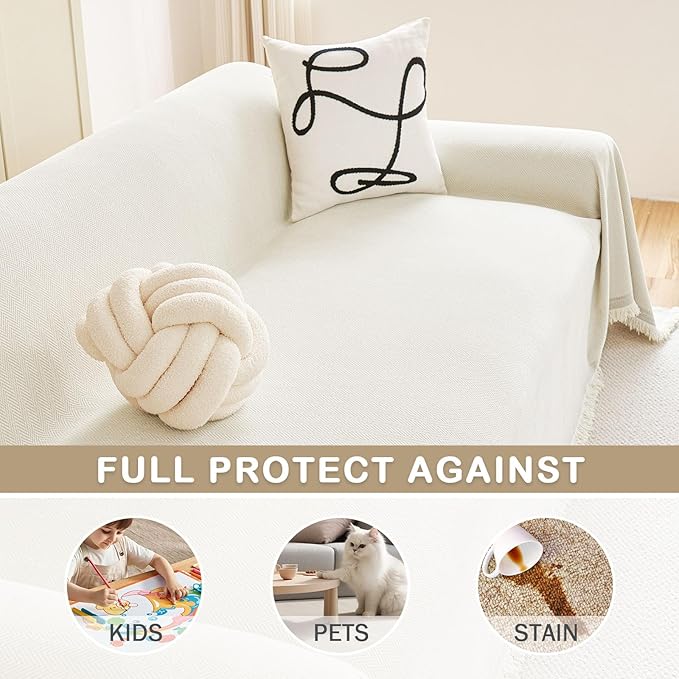 hyha Couch Cover for Dogs, Boho Sofa Covers for 3 Cushion Couch Washable, Chenille Sofa Slipcover for Pets, Soft Loveseat Sectional Couch Throw Blankets with Tassels (Beige, 71x102 Inch)