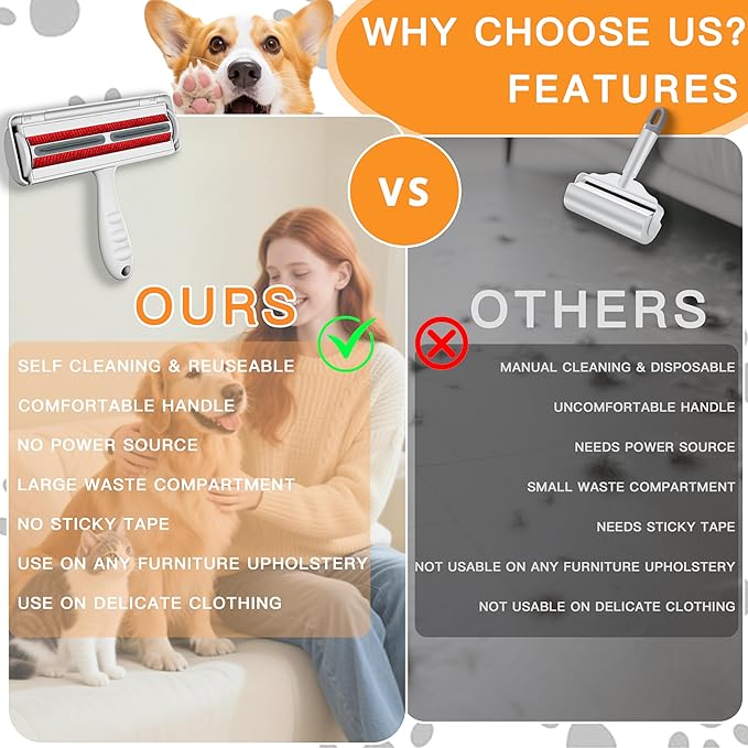 Pet Hair Remover Roller & Self-Cleaning Grooming Brush (2-in-1), Reusable Fur Tool for Dogs Cats Shedding, No Sticky Sheets for Pet Hair Removal on Furniture, Couch, Carpet, Bedding, Car Seats