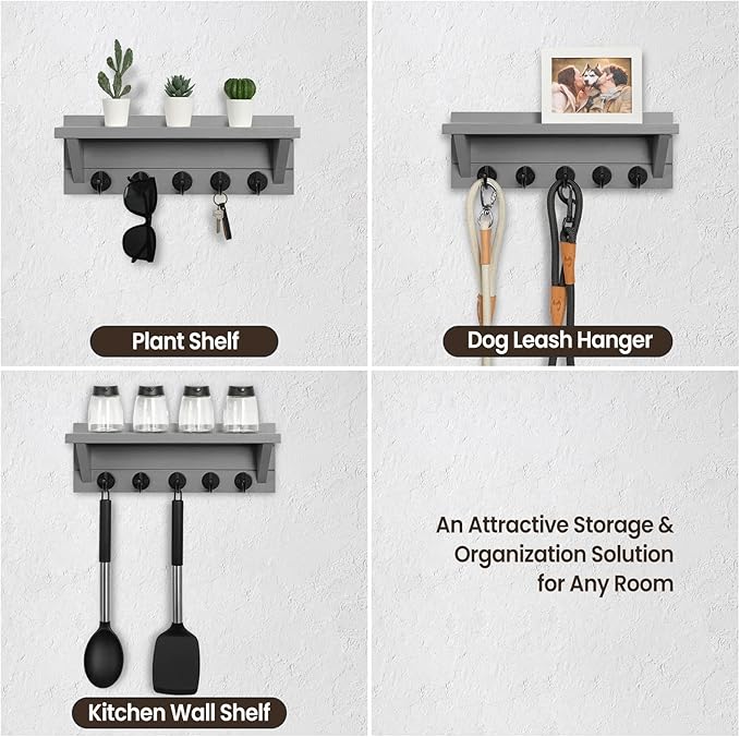 Wall Key Holder with Shelf, Rustic Shelf with Hooks Made of Paulownia Wood Holds Keys, Dog Leash, Bags and More - 13.7" W x 4.7" H x 3.5" D Decorative Key Hanger and Entryway Shelf (Gray)