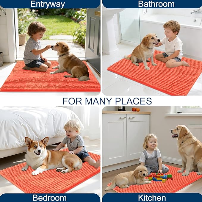 OLANLY Dog Door Mat for Muddy Paws 44x32, Ultra Absorbent Chenille Mud Doormat, Non-Slip Washable and Dirt Trapping Doormat for Indoor Entryway, Quick-Dry Indoor Pet Bed Mats for Dogs, Coral