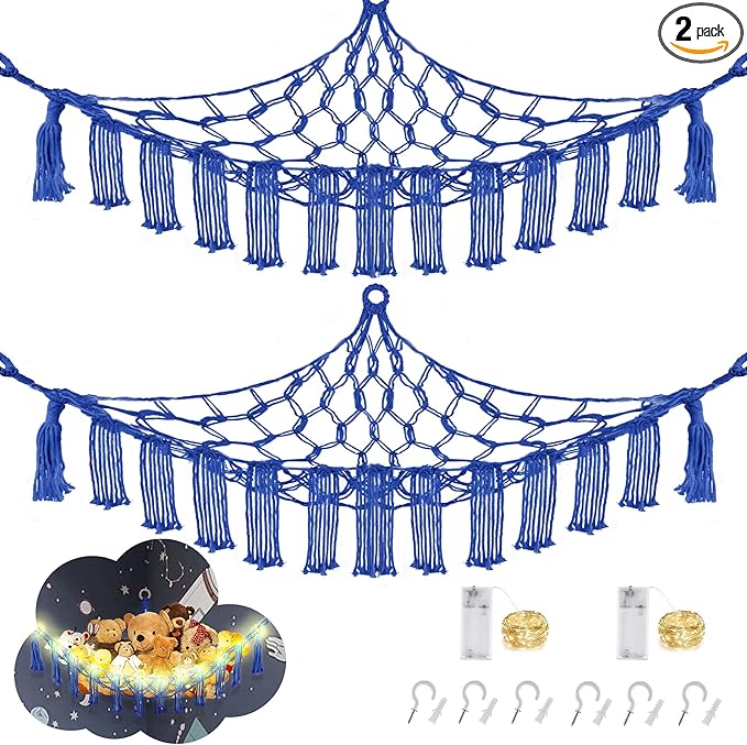 CERETIA Stuffed Animal Hammock with LED Light, Large Stuffed Animals Storage Corner Plushie Net for Kids Room Decor, 2 Packs Royal Blue