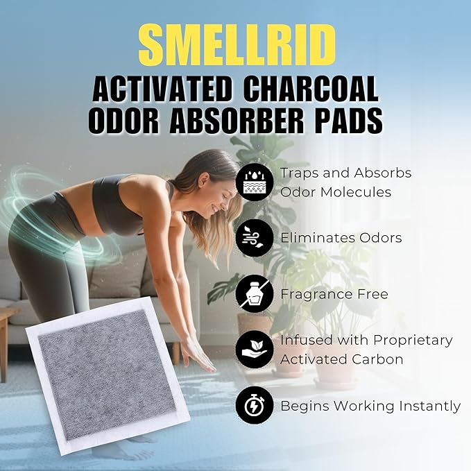 SMELLRID Activated Charcoal Odor Absorber Pads for Women and Men, Discreet Underwear and Shoe Odor Eliminator for Strong Odor, Home Use, Unscented 12 Pack