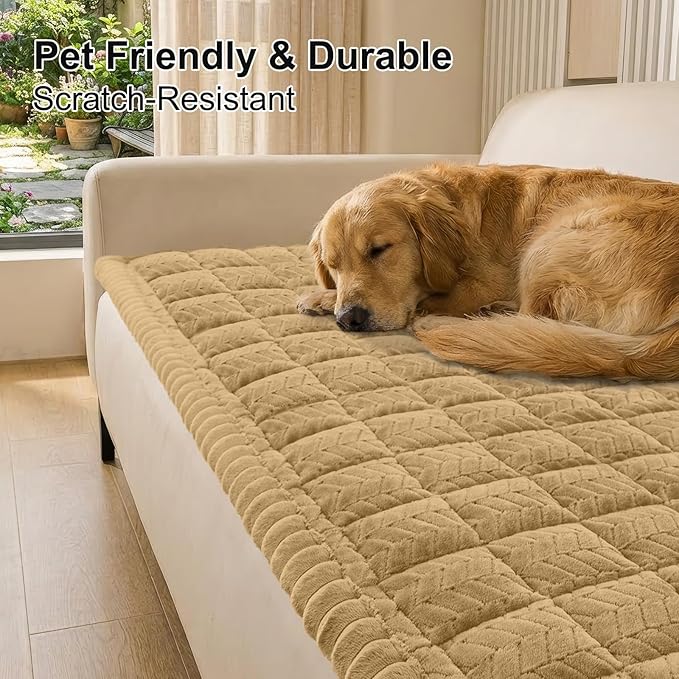Smiry Non Slip Couch Covers for Dogs, Fuzzy Pet Couch Covers for 3 Cushion Sofa Pet Friendly, Soft Sofa Slipcovers Cushion Furniture Protector Washable (Camel, 35.4" x 82.7")