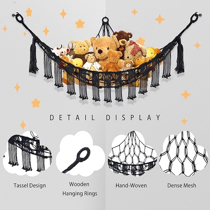 CERETIA Stuffed Animal Hammock with LED Light, Large Stuffed Animals Storage Corner Plushie Net for Kids Room Decor, Black