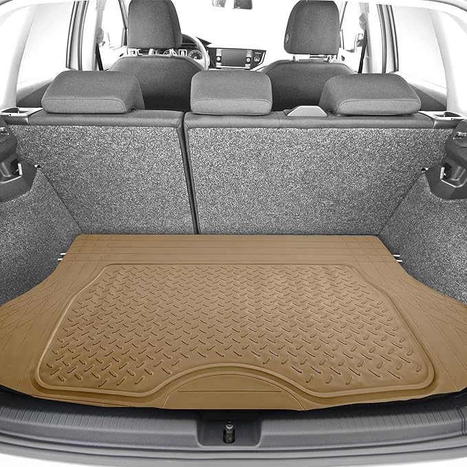 FH Group 4 Piece Liners Trimmable Climaproof™ Vinyl Car Floor Mats- Full Set with Premium Trimmable Vinyl Cargo Liner- Universal Fit for Cars Trucks and SUVs (Beige)