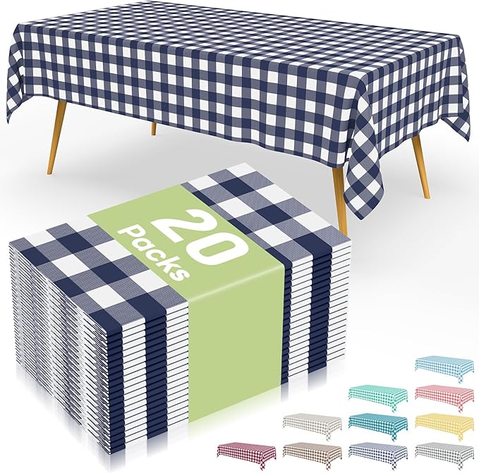 Smiry 20 Packs Gingham Disposable Table Cloth, 54 x 108 Inch Waterproof Plastic Tablecloth, Rectangle Navy and White Checkered Table Covers for Picnic, Birthday, Party