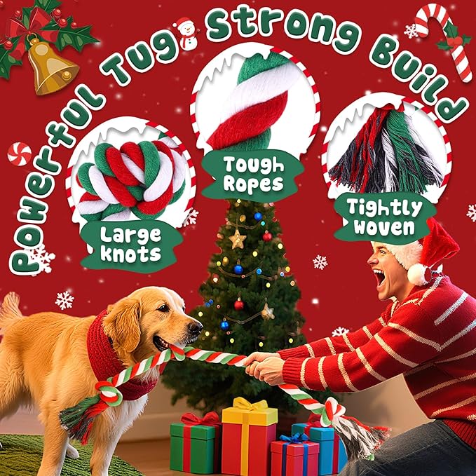 Tough Christmas Dog Rope Toys for Aggressive Chewers- Tough Tug of War & Chew Toys for Large, Medium & Small Dogs, 5 Pack Including 2 Ropes & 3 Supplies