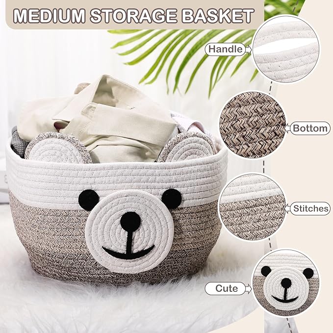 Zopeal Bear Basket 13" D x 9.5" H for Nursery Cotton Rope Woven Cute Storage Basket with Handles Animal Hamper for Baby Shower Laundry Bathroom Home Decorative