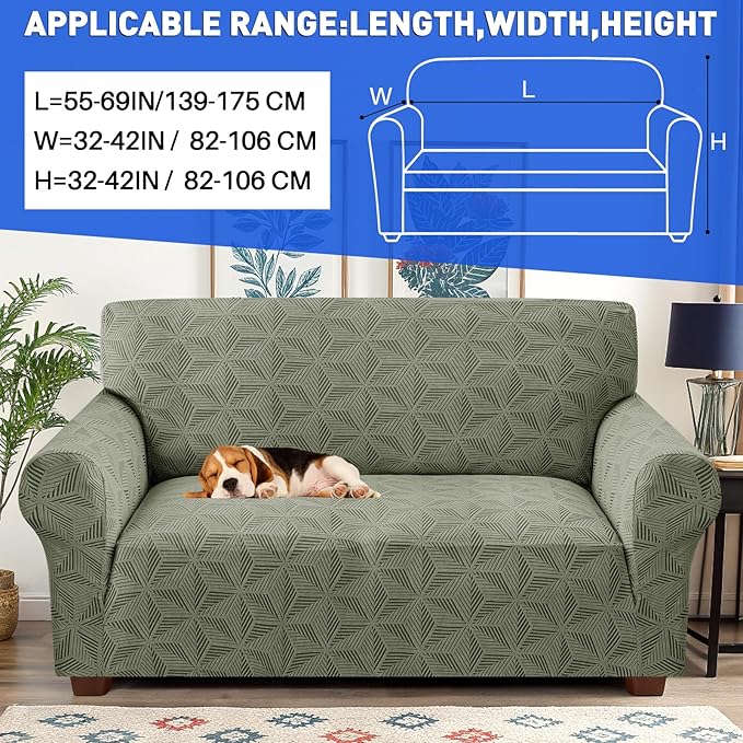 YEMYHOM 1 Piece Stretch Couch Covers for 2 Cushion Couch, Jacquard Loveseat Cover with Non-Slip Elastic Bottom, Thickened Slipcover Furniture Protector for Dogs Pets (Medium, Army Green）