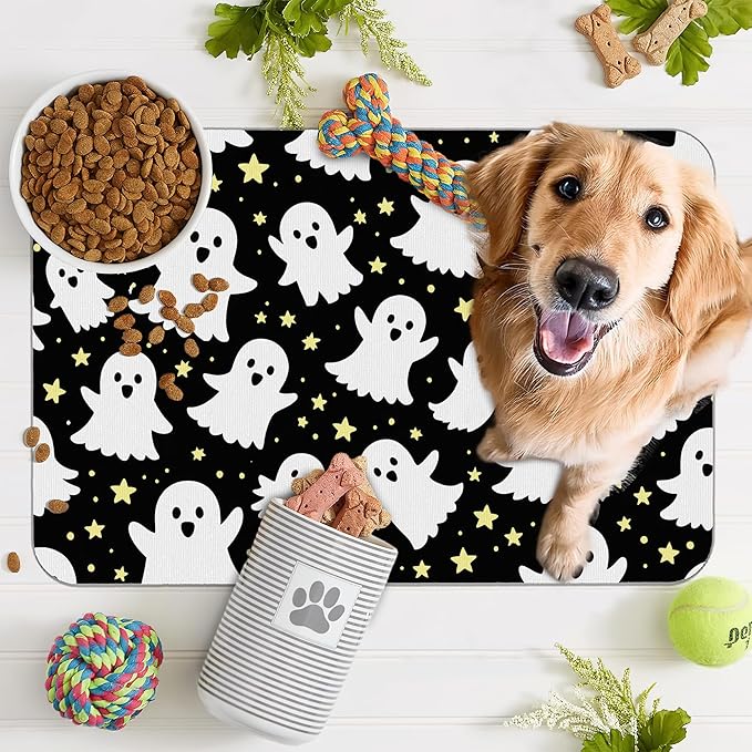 Halloween Pet Feeding Mat,Ghosts Absorbent Quick-Dry Cat Dog Food and Water Bowl Mats,Non-Slip Rubber Backing Mat,Cat Dog Accessories Supplies 12"x20"